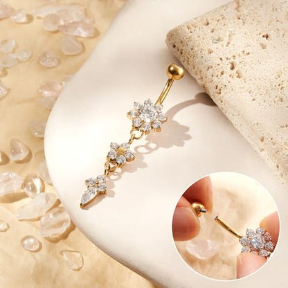 1PC 14G Belly Button Rings G23 Titanium Dangle Belly Piercing Navel Rings CZ Curved Barbell Internally Threaded Dangling Belly Jewelry for Women - color: B-Gold