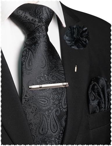 JEMYGINS Mens Paisley Tie and Lapel Pin Necktie Pocket Square and Tie Clip with Sets for Business Casual 4PCS - color: Black