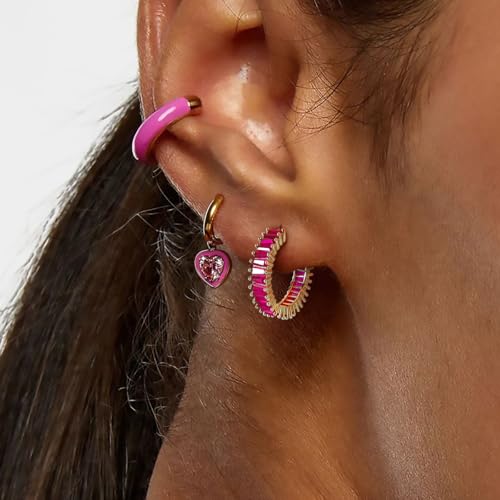 Trendy 14K Gold Plated Hoop Earrings for Women, Chunky Gold/Silver Earrings for Women Cubic Zirconia Baguette Hoop Earrings Heart Hoops Lightweight Hypoallergenic Jewelry,25mm/35mm/40mm/50mm - color: 00 Gold Hot Pink Hoops 25mm