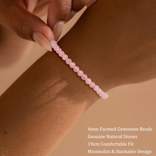 Natural Faceted Crystal Bracelet for Women,4mm Gemstone Round Beads Bracelets Adjustable Stretchy Healing Crystal Beads Bracelets Dainty Jewelry Gift - color: Rose Quartz