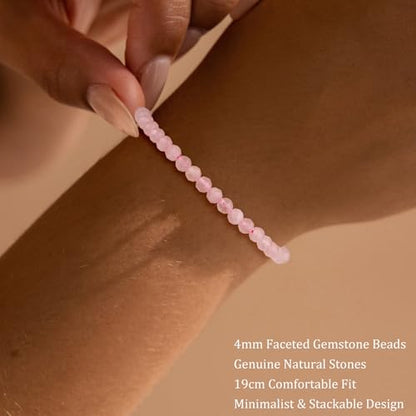 Natural Faceted Crystal Bracelet for Women,4mm Gemstone Round Beads Bracelets Adjustable Stretchy Healing Crystal Beads Bracelets Dainty Jewelry Gift - color: Rose Quartz