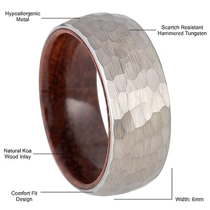 8mm Tungsten Carbide Genuine Natural Koa Wood Inner Inlay Ring Black/Gold/Silver/Rose Gold Wedding Band Hammered Textured Flat Style Comfort Fit Gift Box Included - color: Hammered Silver Tungsten