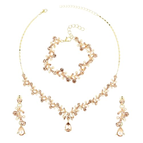 Rhinestone Wedding Jewelry Sets for Bridal Women Crystal Necklace Bracelet Earrings Set Prom Jewelry Set for Brides - color: Champagne Gold
