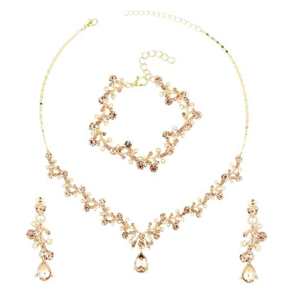 Rhinestone Wedding Jewelry Sets for Bridal Women Crystal Necklace Bracelet Earrings Set Prom Jewelry Set for Brides - color: Champagne Gold
