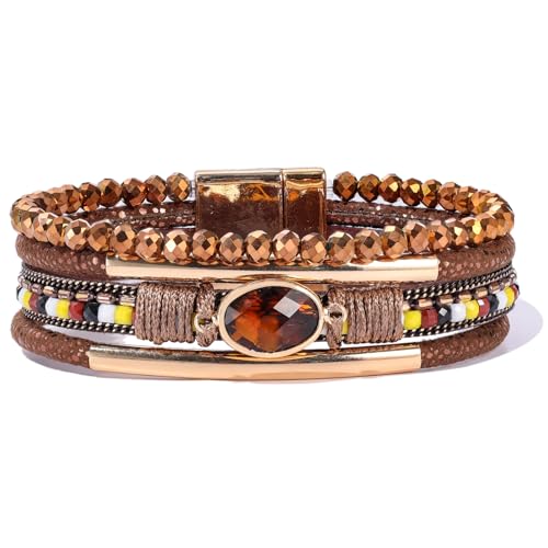 Boho Leather Wrap Bracelets Beaded Stackable Cuff Bracelet Country Concert Outfits Cowboy Cowgirl Western Jewelry Gifts for Women - color: Crystal-Brown