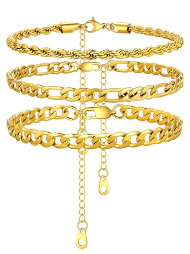 U7 2Pcs/3Pcs Ankle Bracelets for Women, Stainless Steel Cuban Link/Figaro/Rope/Heart Chain Anklets Sets,Waterproof Layered Anklets Adjustable 8.5"-10.5" - color: 03. 3Pcs Style A-Gold