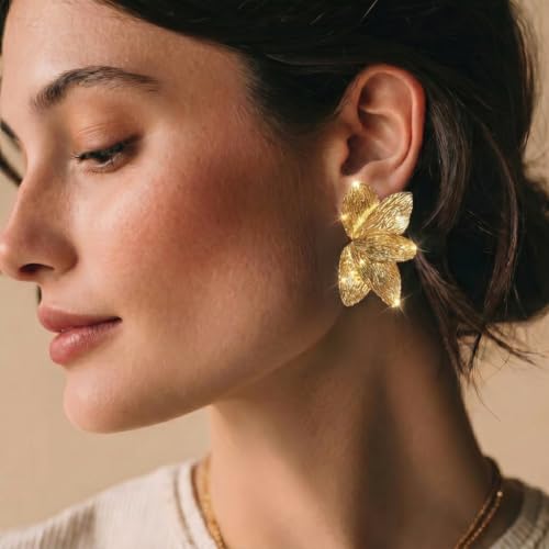Chunky Gold Plated Flower Statement Drop Earrings for Women | Hypoallergenic 18K Gold Plated Textured Petal Wing, Large Statement Dangle Earrings for Wedding Party - color: Fan Shaped Petal
