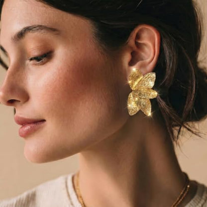 Chunky Gold Plated Flower Statement Drop Earrings for Women | Hypoallergenic 18K Gold Plated Textured Petal Wing, Large Statement Dangle Earrings for Wedding Party - color: Fan Shaped Petal