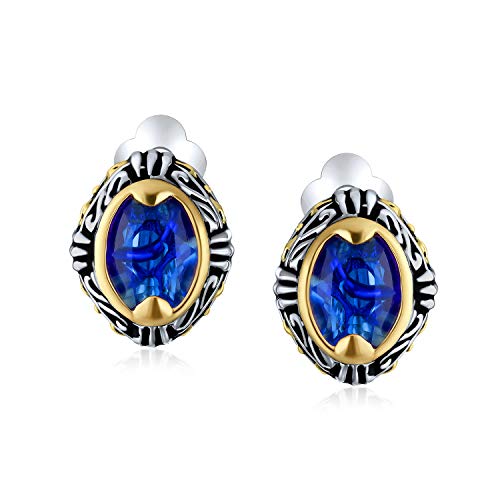 Bali Button Style Two Tone Red Blue Brown Crystal Oval Clip-On Earrings - color: Blue