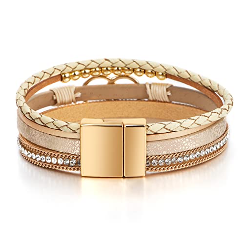 Fesciory Leather Wrap Bracelet for Women, Boho Western Layered Cuff Jewelry | Stackable Bracelets, Easy-On Clasp, Daily Wear, Pairs with Boho Western Outfits, Gift for Women - color: Khaki1