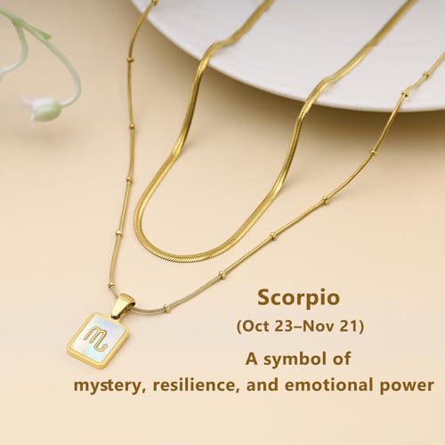 LETFLY Layered Zodiac Necklace for Women 18K Gold Natural Shell Pendant | Birthday Gifts for Women, Daily Wear, Hypoallergenic Material, Personalized Constellation Pendant, Adjustable, Snake Chain - style: Scorpio