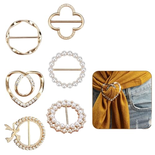 6PCS Scarf Ring Clips for Women – Fashionable Metal Round Circle Shirt Clip Buckles, T-Shirt Ties Clips, Clothing Ring Wrap Holders for Scarves, Shirts, Belts, and Hats – Durable Zinc Alloy, Elegant Gold Finish