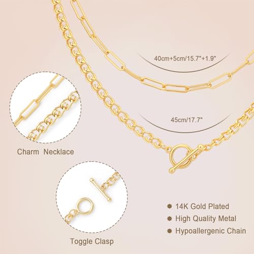Layered Necklaces for Women 14k Gold Plated Chain Necklace Trendy Dainty Toggle Clasp Chunky Cuban Link Paperclip Chain Jewelry Gift - style: Style 4：Paperclip+Toggle