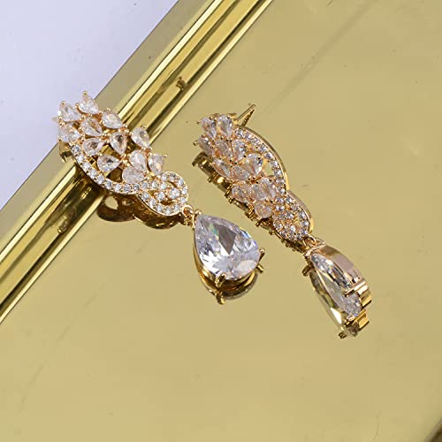 CZ Bridal Earrings for Wedding - 14k Plated Sterling Silver Elegant Teardrop Cubic Zirconia Crystal Rhinestone Floarl Leaf Cluster Chandelier Statement Dangle Drop Earrings for Bride Bridesmaids Party - color: 14K Gold Plated