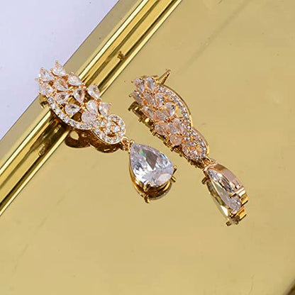 CZ Bridal Earrings for Wedding - 14k Plated Sterling Silver Elegant Teardrop Cubic Zirconia Crystal Rhinestone Floarl Leaf Cluster Chandelier Statement Dangle Drop Earrings for Bride Bridesmaids Party - color: 14K Gold Plated