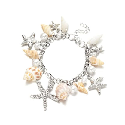 Spiritrain Handmade Starfish Seashell Pearl Bracelets for Women Gold Plated Bohemian Charm Sea Shell Couch Beads Adjustable Chain Anklet Bracelets Hawaiian Beach Holiday Mermaid Costume Jewelry Gifts - color: Silver