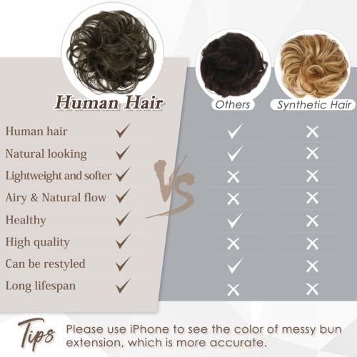 RUWISS 100% Human Hair Bun Small Messy Bun Hair Piece for Women Layered Wavy Hair Buns Updo Hairpiece for Daily Wear Scrunchies Ponytail Extension (Dark Brown with 15% Dark Cocoa Blonde) - color: Dark Brown with 15% Dark Cocoa Blonde