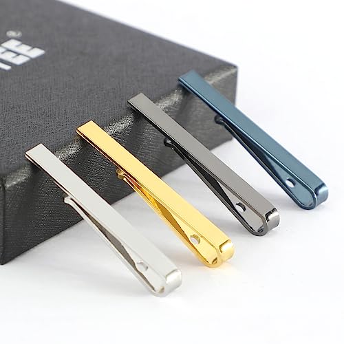 Roctee 4pcs Skinny Tie Clips for Men 1.69 Inch, Tie Clip Tie Bar Tie Bars Pins Clasps Set for Regular Ties Short Slim Thin Ties with Box Black Blue Gold Silver