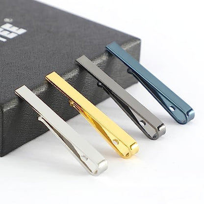 Roctee 4pcs Skinny Tie Clips for Men 1.69 Inch, Tie Clip Tie Bar Tie Bars Pins Clasps Set for Regular Ties Short Slim Thin Ties with Box Black Blue Gold Silver