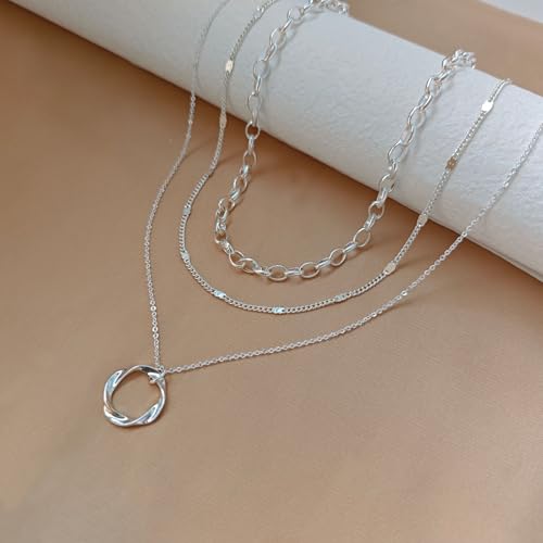OGD Layered CZ Rondelle Pendant Necklaces for Women, 14K Gold Plated Trendy Mariner Chain Dainty Circle Rondelle Pendant Choker Necklace for Women Two-Toned Cubic Zirconia Gold Necklace - color: 3PCS-Circle-Silver