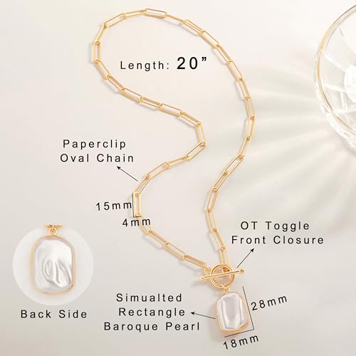 Aobei Pearl 18K Gold Plated Pendant Necklace for Women Dainty Gold Chain Choker Love Heart Disc Coin Pearl Cross Toggle Jewelry - style: Rectangle Pearl