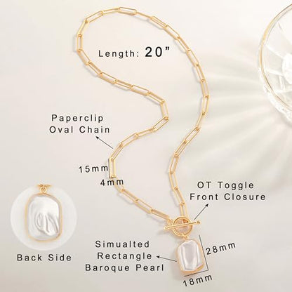 Aobei Pearl 18K Gold Plated Pendant Necklace for Women Dainty Gold Chain Choker Love Heart Disc Coin Pearl Cross Toggle Jewelry - style: Rectangle Pearl