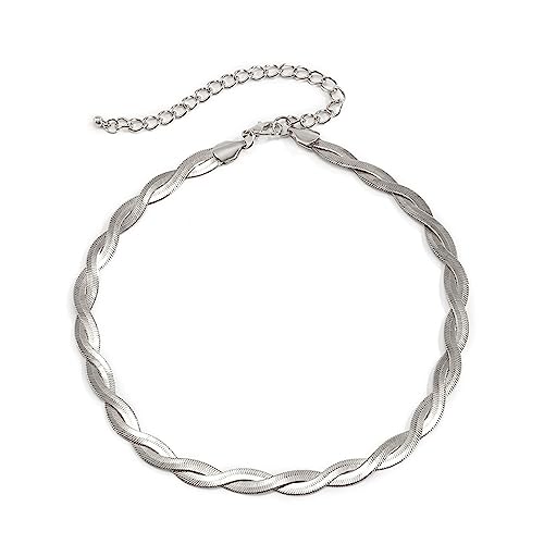 Gold Snake Chain Necklace Double Layer Twist Herringbone Choker Necklace Flat Herringbone Chain Necklace Layered Knot Snake Chain Collar Necklace Jewelry for Women Girls - color: Silver