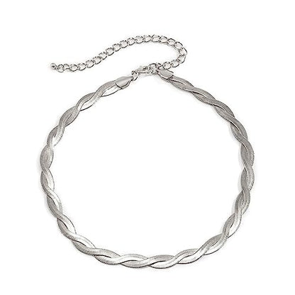 Gold Snake Chain Necklace Double Layer Twist Herringbone Choker Necklace Flat Herringbone Chain Necklace Layered Knot Snake Chain Collar Necklace Jewelry for Women Girls - color: Silver