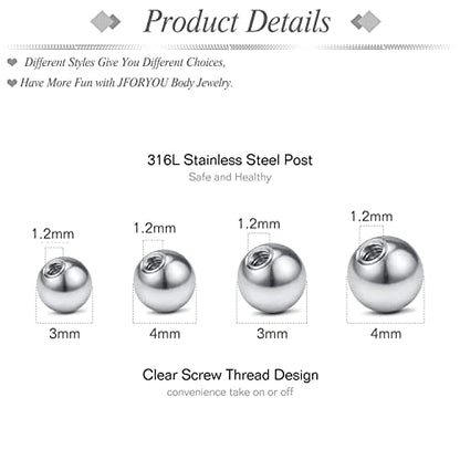 JFORYOU 14G Replacement Balls for Piercing Jewelry 18Pcs Externally Threaded Surgical Steel Balls Industrial Barbell Tongue Nipple Navel Belly Button Piercing Rings Parts 5MM-8MM - color: 16G-3mm/4mm/5mm/6mm-Silver Tone