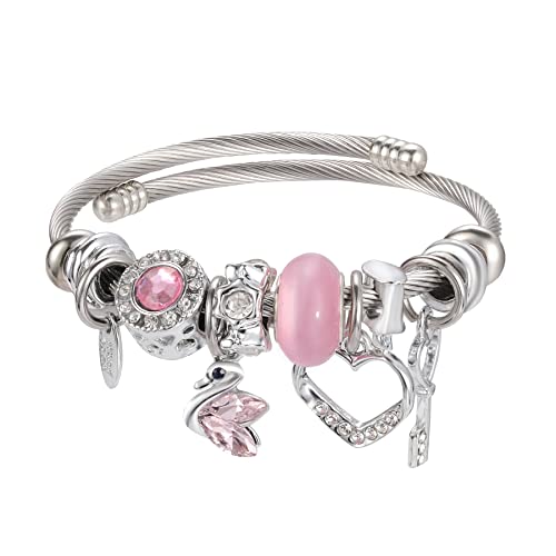 DS Charm Bracelets for girls,exquisite cute cartoon friendship bracelets Silver Stainless Steel Bangle with birthday Gift box, Adjustable girls jewelry Suitable for holiday gifts - style: Silver-Pink Swan