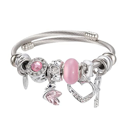 DS Charm Bracelets for girls,exquisite cute cartoon friendship bracelets Silver Stainless Steel Bangle with birthday Gift box, Adjustable girls jewelry Suitable for holiday gifts - style: Silver-Pink Swan