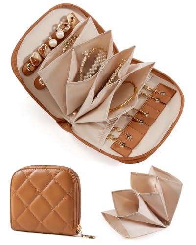 BAGSMART Travel Jewelry Case, Leather Zip for Rings Necklaces | Removable inner pocket, 3 tangle-free clips, 1 elastic pocket, 2 leather snap straps for rings/earrings - color: 2-Light Brown, size: Small