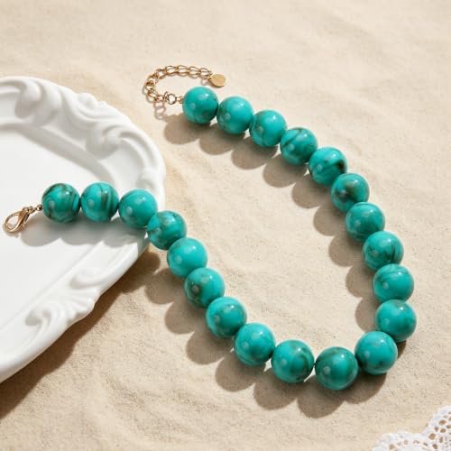 Chunky Beaded Necklace for Women Trendy Boho Collar Statement Necklace Large Round Resin Beads Choker Necklaces Summer Beach Jewelry Gifts - color: Turquoise