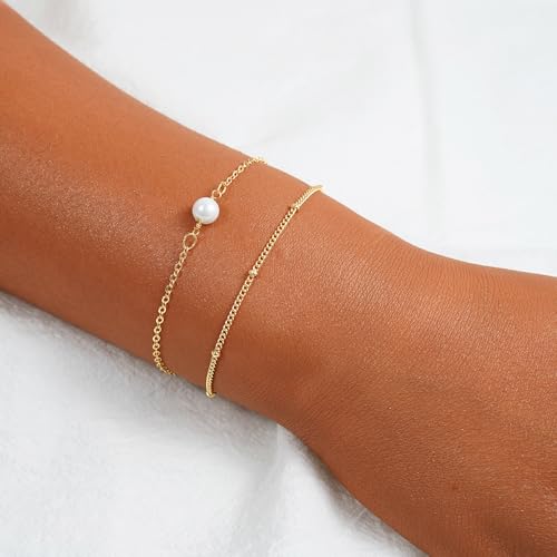 Cuzmly Bracelets for Women, Waterproof 14K Gold/Silver Plated Stackable Bracelets for Women Non Tarnish Trendy Dainty Paperclip Figaro Box Herringbone Hand Chain Bracelet Pack Stack Adjustable Jewelry for Women - style: 2 Single Pearl