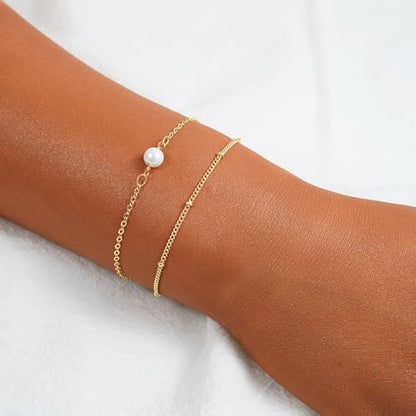 Cuzmly Bracelets for Women, Waterproof 14K Gold/Silver Plated Stackable Bracelets for Women Non Tarnish Trendy Dainty Paperclip Figaro Box Herringbone Hand Chain Bracelet Pack Stack Adjustable Jewelry for Women - style: 2 Single Pearl