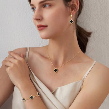 18K Gold Plated Lucky Clover Jewelry Set, Birthday Gifts for Women | Stainless Steel Hypoallergenic,Black White Red Four Leaf Clover Bracelet Necklace Earrings set, Daily Wear, Gifts for Women - color: Clover Set-Black