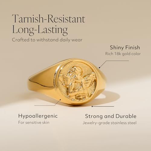 Gold Chunky Signet Stackable Pinky Ring for Women Men, Guardian Angel Cherub, Tarnish-Resistant 18K Gold Plated Stainless Steel Size 3 4 5 6 7 8 9 10 11 - color: Gold