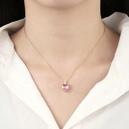Heart Birthstone Necklace for Women, 14K Gold Plated Birthstone Pendant Necklace Cubic Zirconia Diamond Necklace Dainty Gold Necklace Birthday Gifts for Women Girls - color: 10. October(Pink Tourmaline)