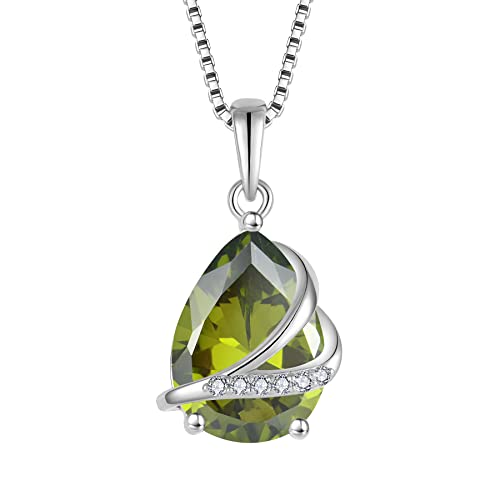 Birthstone Pendant Necklace 925 Sterling Silver Teardrop Jewelry for Women - color: Olive Green