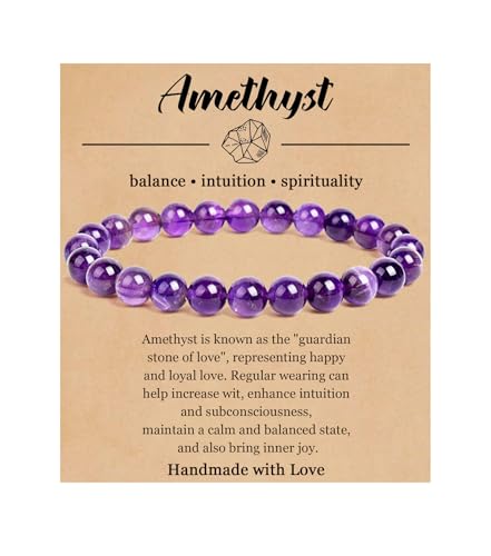 BOMAIL Natural Stone Beaded Bracelet for Women Men | 8mm Round Beads,Healing Crystal,Semi-Precious Gemstone,Yoga,Stretch,Bracelets Jewelry Gift - color: Amethyst