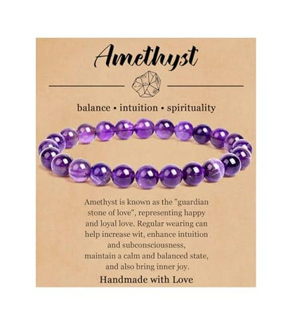 BOMAIL Natural Stone Beaded Bracelet for Women Men | 8mm Round Beads,Healing Crystal,Semi-Precious Gemstone,Yoga,Stretch,Bracelets Jewelry Gift - color: Amethyst