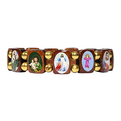 Catholica Shop Devotional Catholic Religious Wood Stretch Bracelets. Small and Large Panels with Assorted Images of Saints, Jesus and Mary. Unisex. Handcrafted in Brazil - style: Small Panel Gold Tone