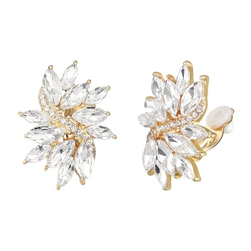 Flyonce Rhinestone Clip On Stud Earrings for Women, Glitter Marquise Crystal Wedding Party Vintage Statement Non Pierced Earring for Brides Bridal Cocktail Prom Jewelry Silver-Tone - color: Clear Gold-Tone