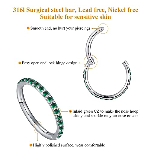 MissNity 20G, 18G, 16G, 14G Hinged Nose Rings Hoop with Gem in 316L Surgical Steel, Septum Clicker Cartilage Earrings Conch Daith Helix Rook Ear Lobe Piercing Jewelry, Diameter 6mm to 12mm - color: 10: Steel - Green CZ