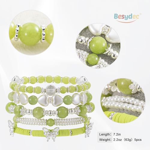 Besydec Stackable Boho Beaded Bracelets With Natural Stone & Pearl Heart & Clay Beads for Women,Adjustable Silver Jewelry - color: Green