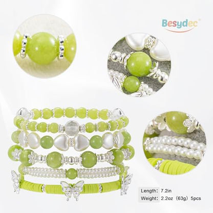 Besydec Stackable Boho Beaded Bracelets With Natural Stone & Pearl Heart & Clay Beads for Women,Adjustable Silver Jewelry - color: Green