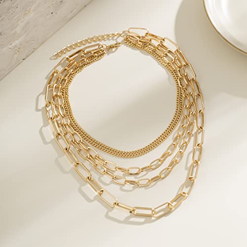 Layered Chain Necklaces for women 18 Inch Gold Plated Paperclip Chain Silver Tone Choker Necklace Rope Ball Chains Punk Jewelry - style: Gold 5-layer Chains