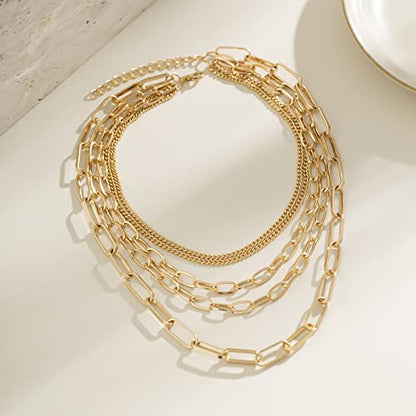 Layered Chain Necklaces for women 18 Inch Gold Plated Paperclip Chain Silver Tone Choker Necklace Rope Ball Chains Punk Jewelry - style: Gold 5-layer Chains