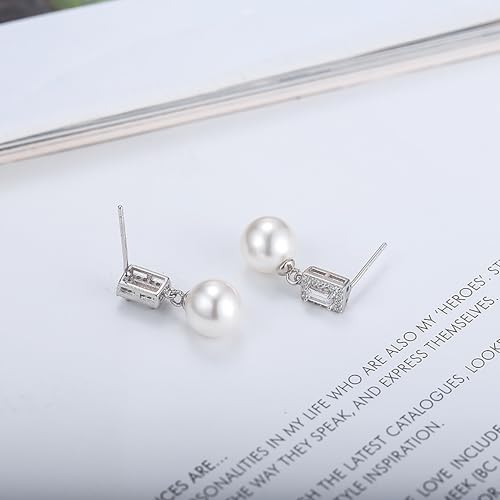 Double Pearl Drop Earrings for Women 925 Sterling Silver | 18k Gold Plated Big Large Pearl Dangle Earrings Pearl Dangling Stud Earring Bridal Wedding Jewelry Birthday Gifts for Mom - color: E-Silver