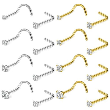Hoeudjo Nose Studs Surgical Steel Nose Rings Studs 18G 20G 22G Cubic Zirconia 1.5mm 2mm 2.5mm 3mm Hypoallergenic Nostril Ring Screw & L-Shaped Nostril Piercing Jewelry for Women Men - color: silvertone+goldtone, size: 20g